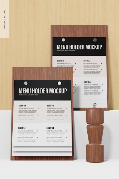 Menu holders on wooden background mockup, front view