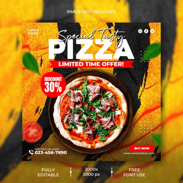PSD menu jedzenia i szablon postu w mediach społecznościowych z pyszną pizzą
