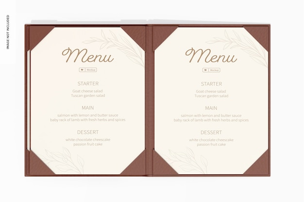 Menu mockup di copertina in pelle, vista dall'alto