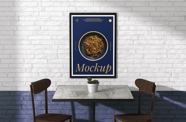 PSD menu mock-up design hanging on restaurant brick wall