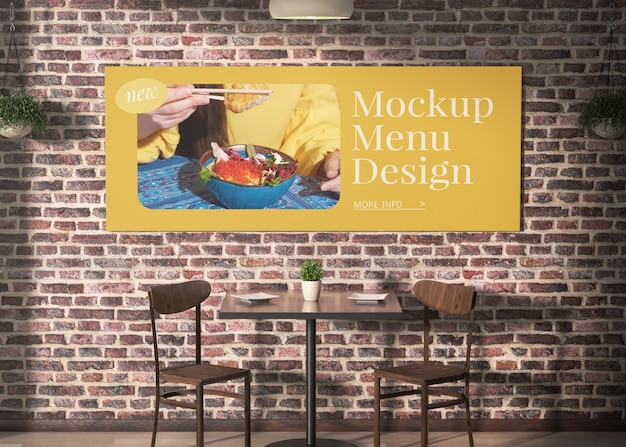 PSD menu mock-up design hanging on restaurant brick wall