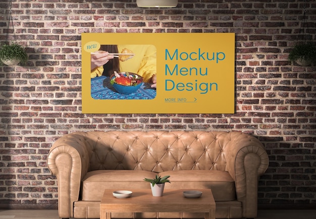 PSD menu mock-up design hanging on restaurant brick wall