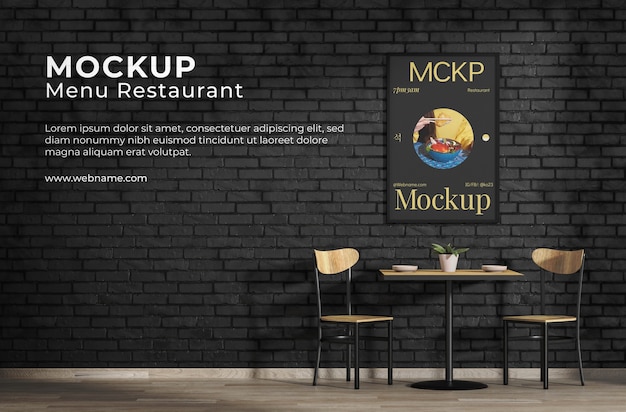 PSD menu mock-up design appeso al muro di mattoni del ristorante