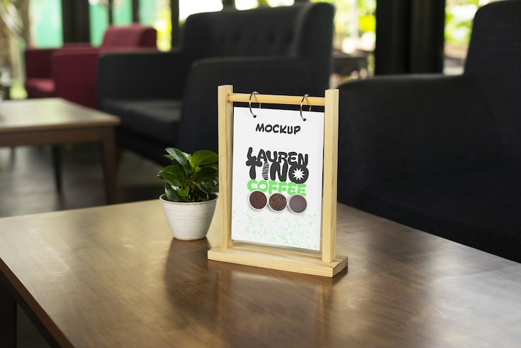 PSD menu mockup at cafeteria table