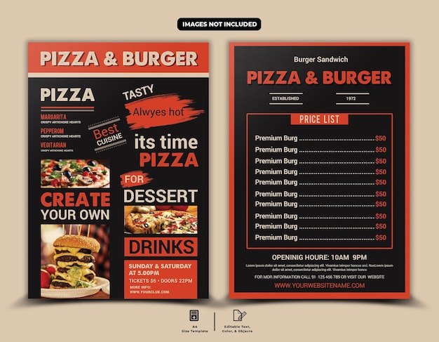 menu na pizzę, pizzę i koktajle