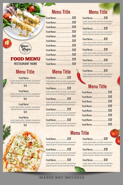 Un menu per il ristorante chiamato la pizzeria.