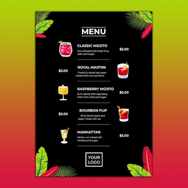 a menu for a restaurant called your bar
