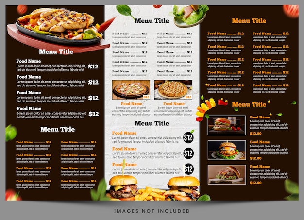 PSD a menu for a restaurant that is open to a page that says menu title.