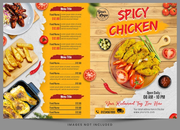 PSD a menu for a restaurant that says spicy chicken.