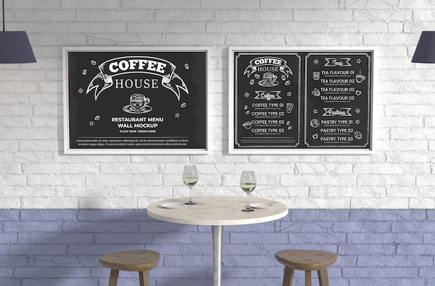 PSD menu in restaurant wall mockup