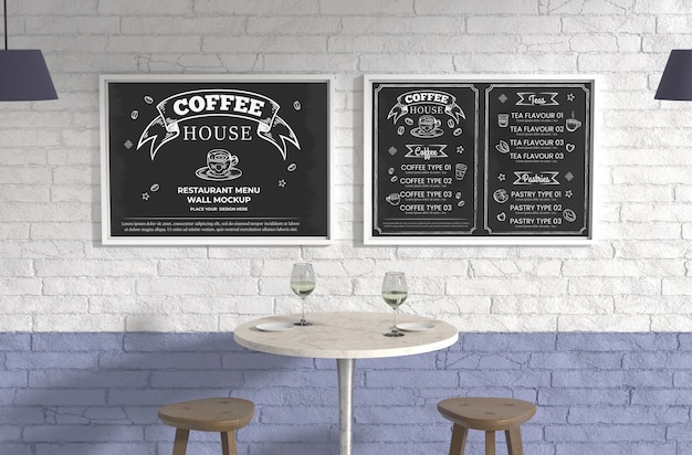 PSD menu nel mockup della parete del ristorante