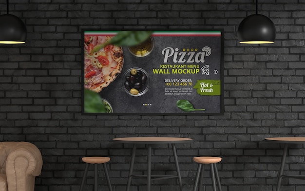 PSD menu nel mockup della parete del ristorante