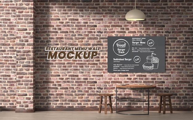 PSD menu nel mockup della parete del ristorante