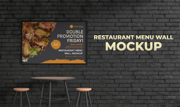 PSD menu nel mockup della parete del ristorante