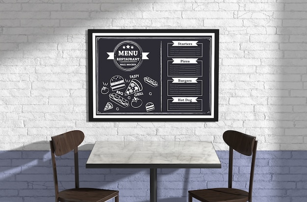 PSD menu nel mockup della parete del ristorante