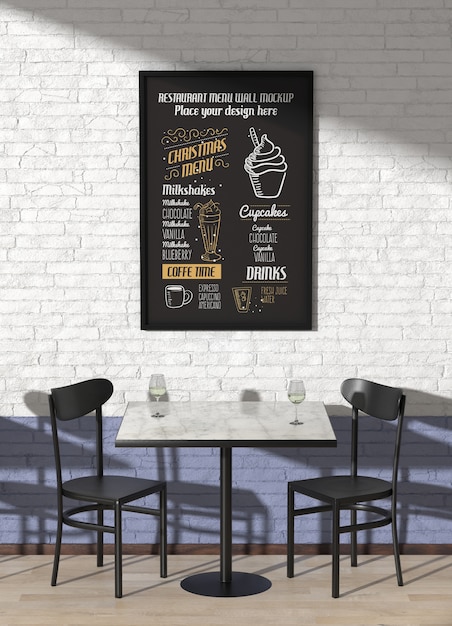 PSD menu in restaurant wall mockup