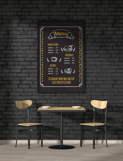 PSD menu in restaurant wall mockup