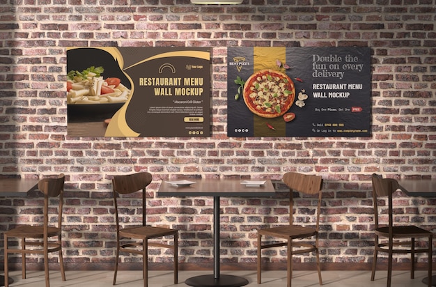 PSD menu nel mockup della parete del ristorante