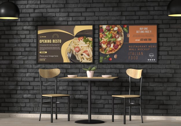 PSD menu in restaurant wall mockup