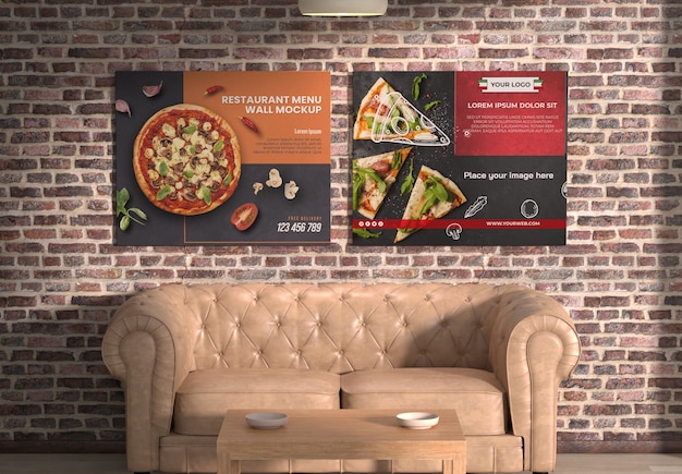 PSD menu nel mockup della parete del ristorante