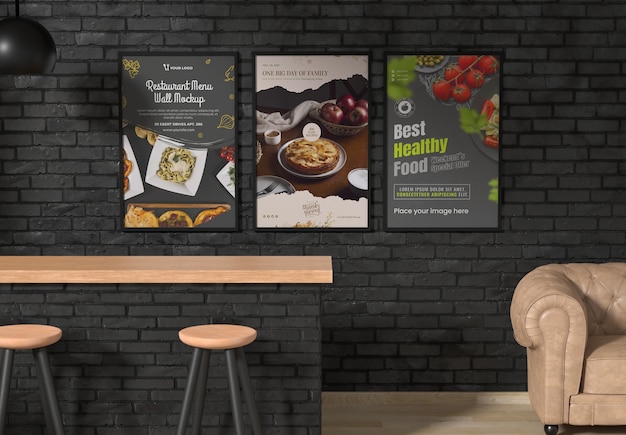 PSD menu nel mockup della parete del ristorante