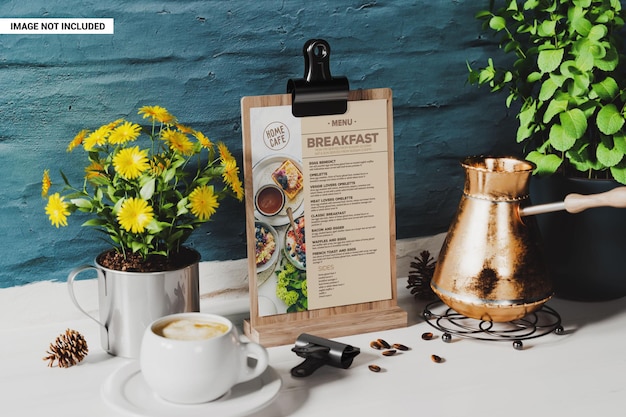 menu sheet with clip on wooden stand mockup