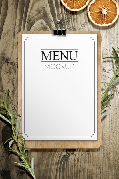 PSD menu  sheet on wood table mockup