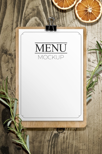 Menu  Sheet on Wood Table Mockup