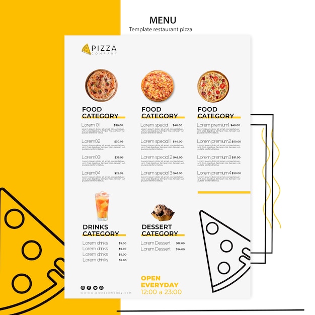 Menu template with dishes for pizza restaurant