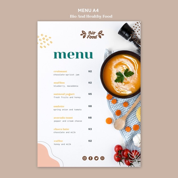 Modello di menu con cibo sano