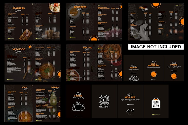 PSD menu w restauracji z różnymi potrawami i napojami