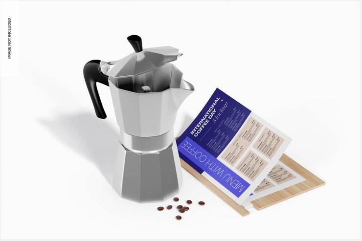 PSD menu with coffee maker mockup, perspective