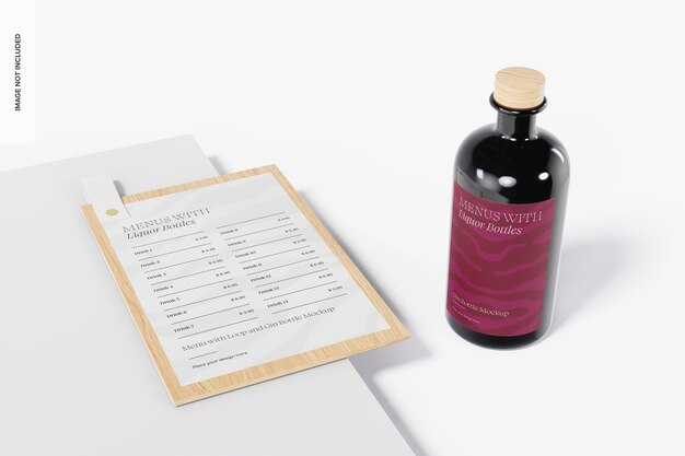 Menu with Loop and Gin Bottle Mockup, On Podium