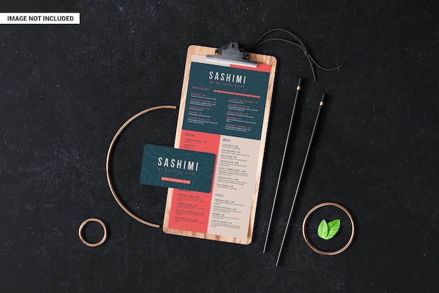 PSD menu on wooden board with business card mockup