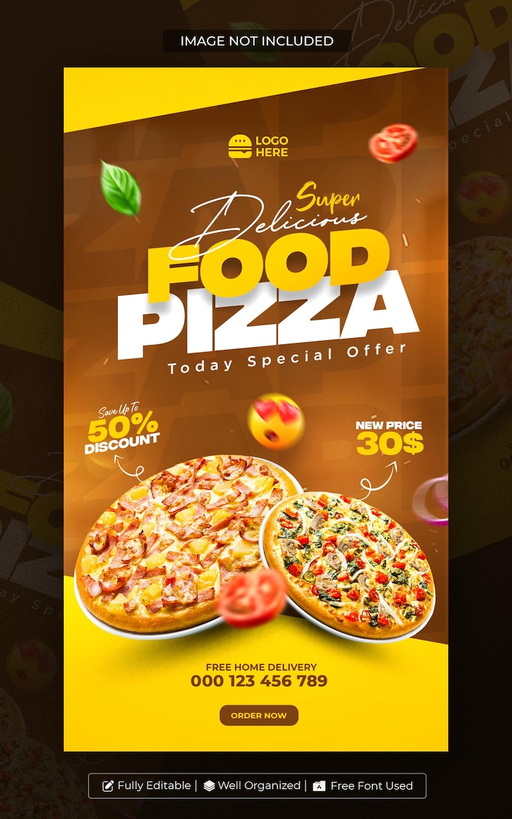 PSD menu z jedzeniem i pizzą na instagramie i facebooku