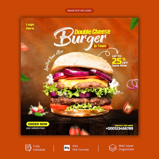 Menu żywności I Pyszny Burger W Mediach Społecznościowych Post Promocyjny Kwadratowy Baner Psd Szablon Z Multiuse