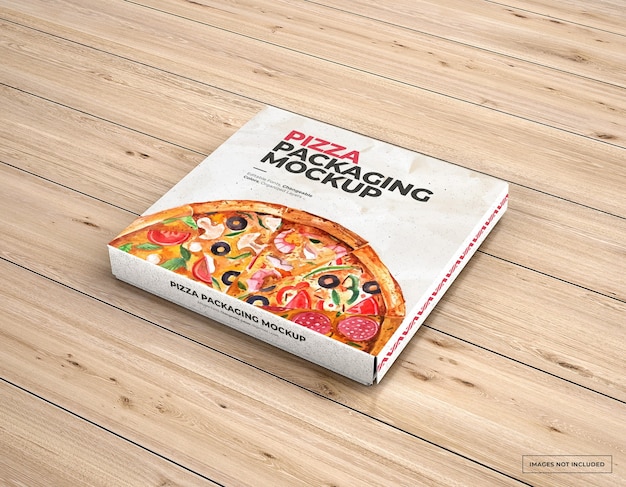 PSD merkmodel van pizza-verpakking op hout