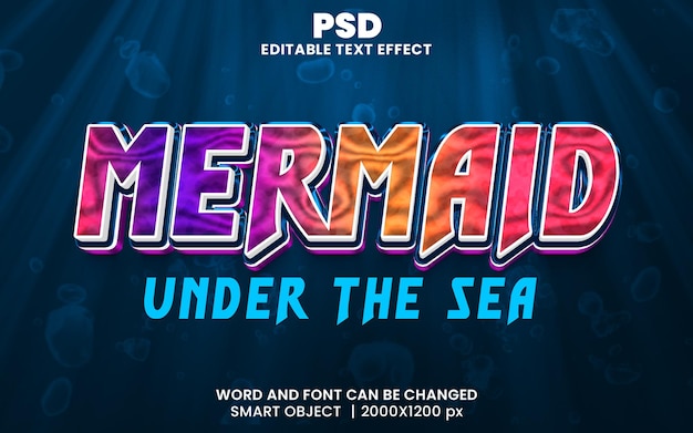 Mermaid 3d editable text effect premium psd with background