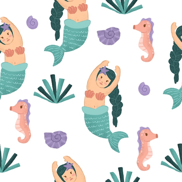 PSD mermaid dark blue hair seamless pattern