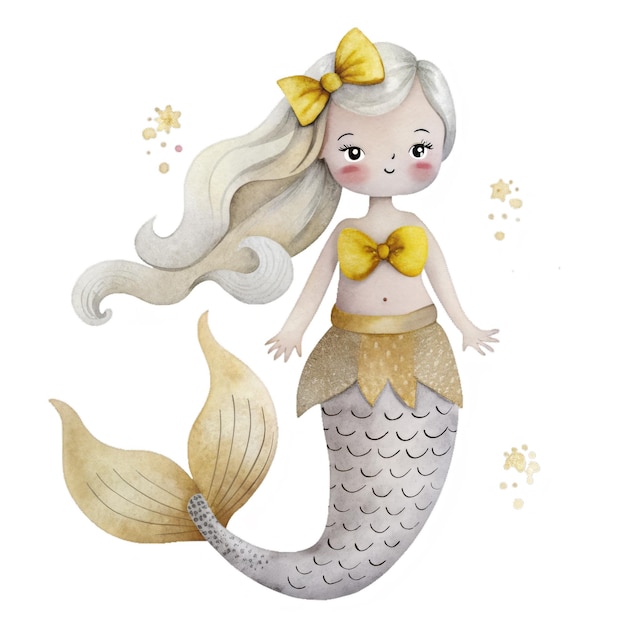 Mermaid girl watercolor illustration for kids clothes and prints isolated clipart
