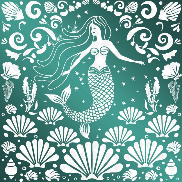 PSD a mermaid is surrounded by sea shells and the mermaid is painted with the words mermaids