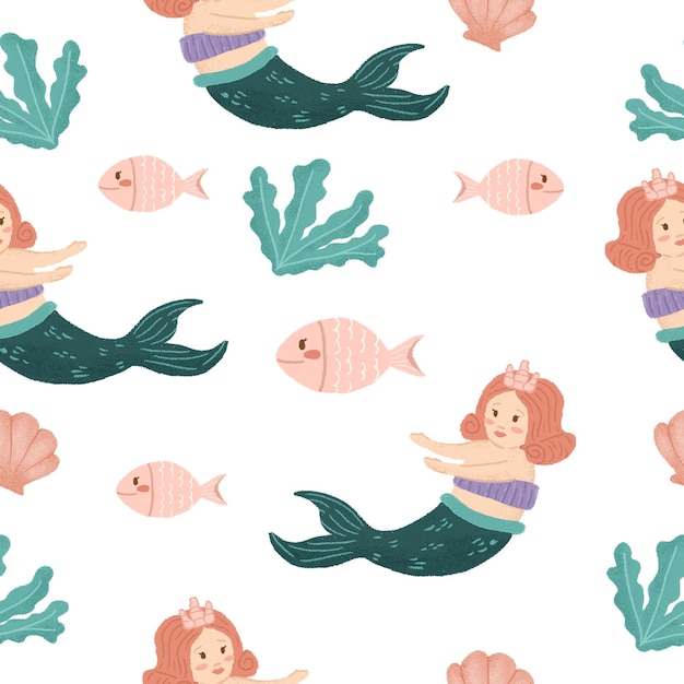 Mermaid pink hair seamless pattern