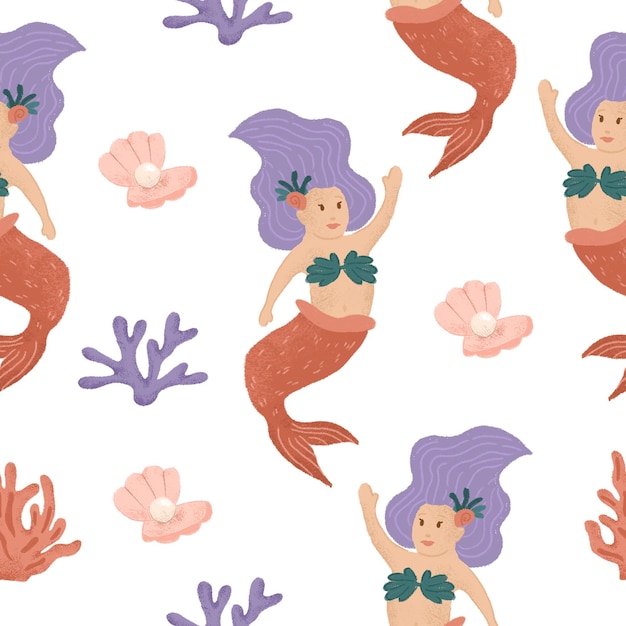 PSD mermaid purple hair seamless pattern