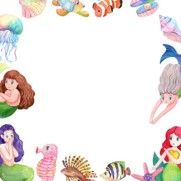 Mermaids and Their Underwater Companions Frame Design Watercolor HandDrawn Illustration