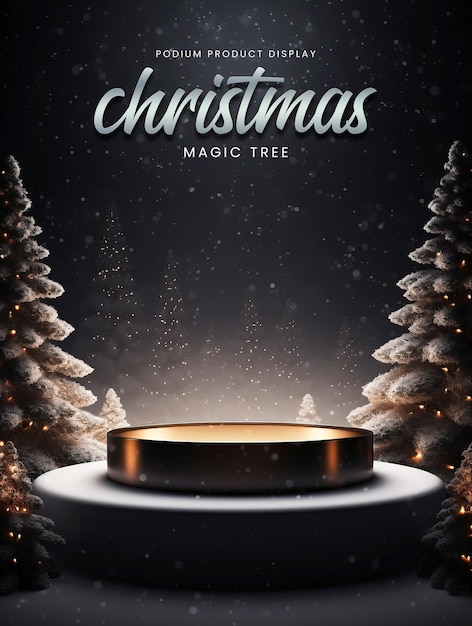 Merry chrishtmas podium poster template with christmas magic tree and winter background