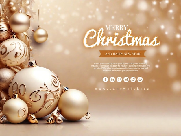 PSD merry christm and happy new year banner template with christmas ball bokeh light backgeound