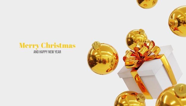 merry christmas 3d banner background with golden giftbox and ball