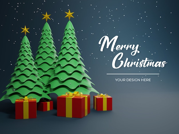 PSD ツリーとギフトボックスナイトモードでメリークリスマス3dカードモックアップ