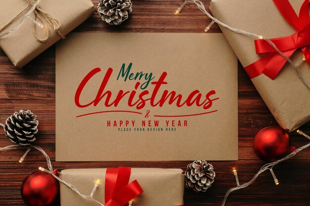 merry christmas a4 poster mockup with christmas gifts decorations