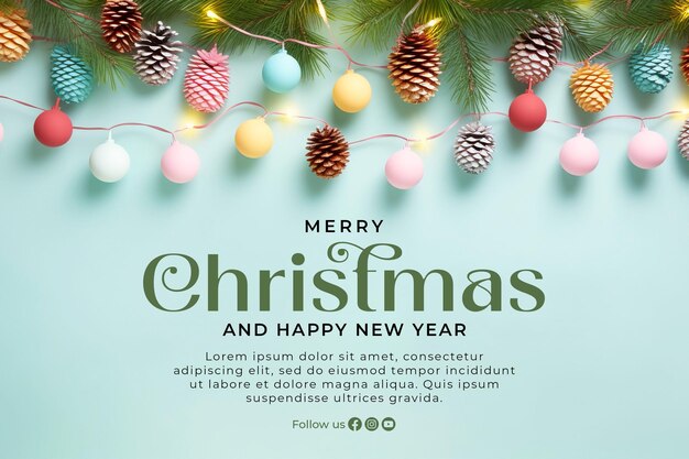 メリー・クリスマスとハッピー・ニューイヤー・バナー・テンプレートと クリスマス・ブランス・パイン・ツリー・リーフ